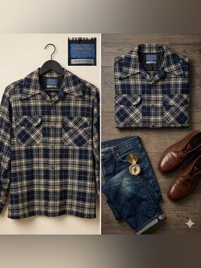 Rare 1960s VTG Pendleton Virgin Wool Plaid Camp Collar Shirt Tailored Silverwood